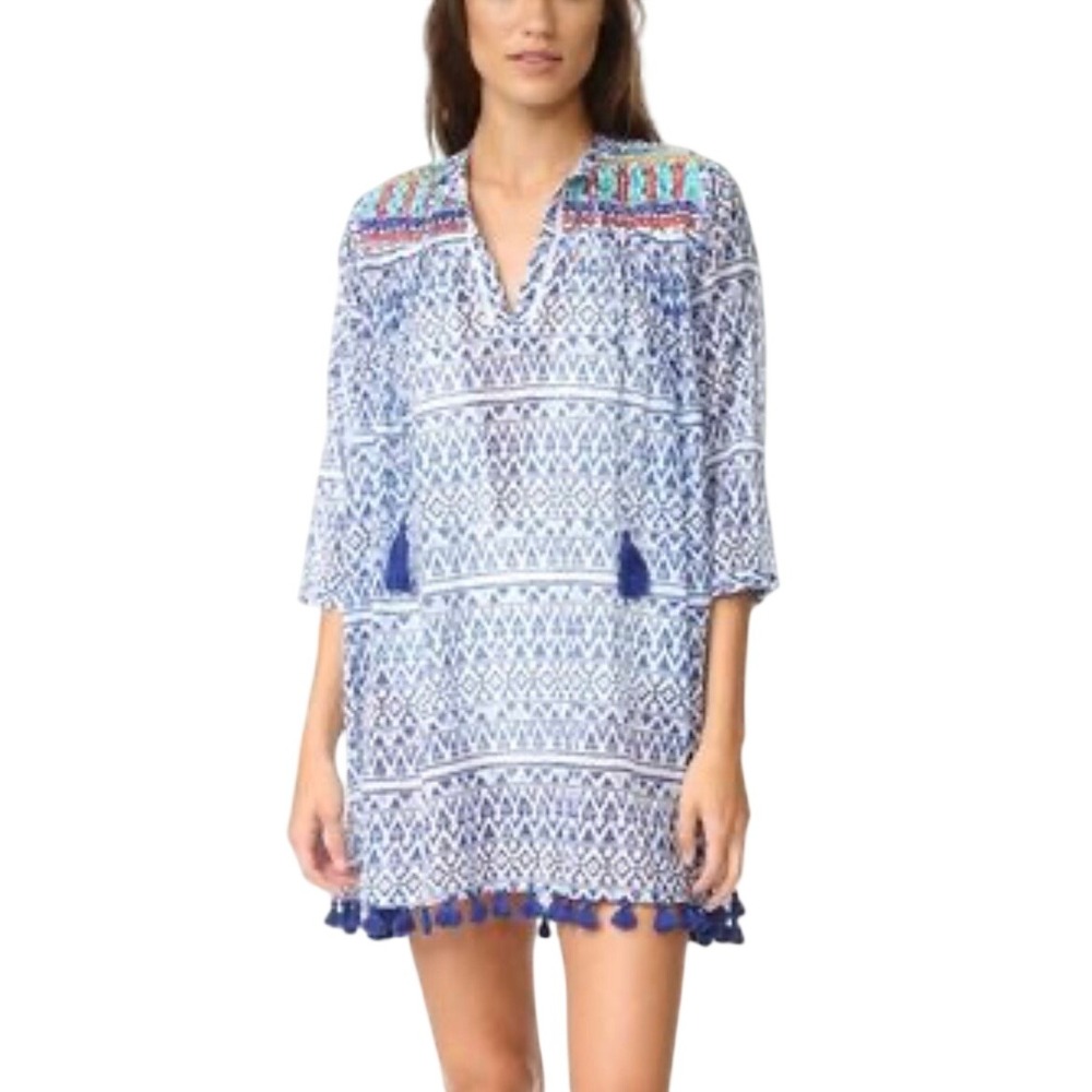 Roberta Roller Rabbit Serafina Tunic Geometric Embroidered  XXS Blue White Boho